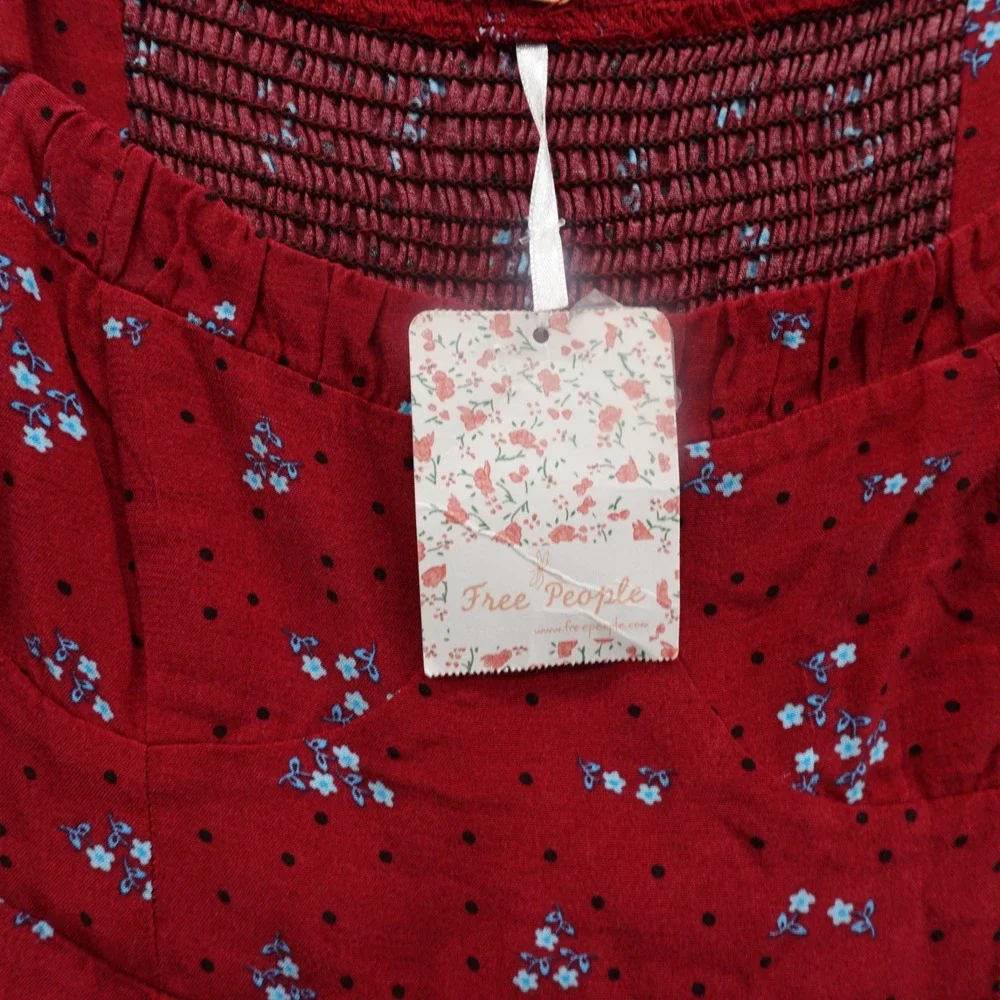 NWT Free People Iris Floral Midi Dress‎ Size Small Wine Red Womens Smocked Boho